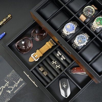 12 Slots Watch Box with Drawer in Ebony Wood