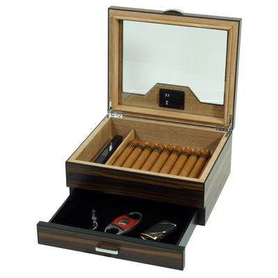 20 CT Ebony Wooden Cigar Humidor Box with Drawer for Cigars