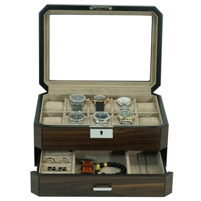 10 Slots Octagon Walnut Wooden Watch Box with Drawer
