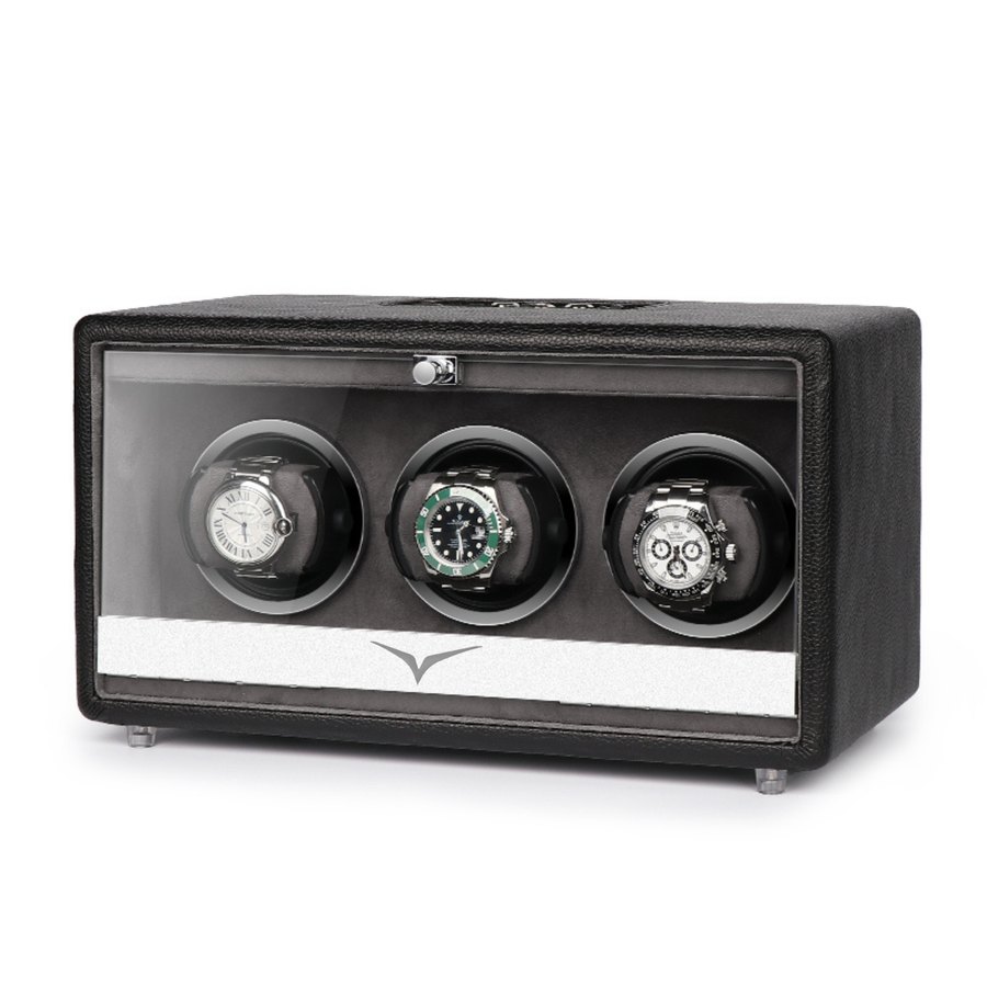 Evandale Watch Winder for 3 Watches in Black Leather