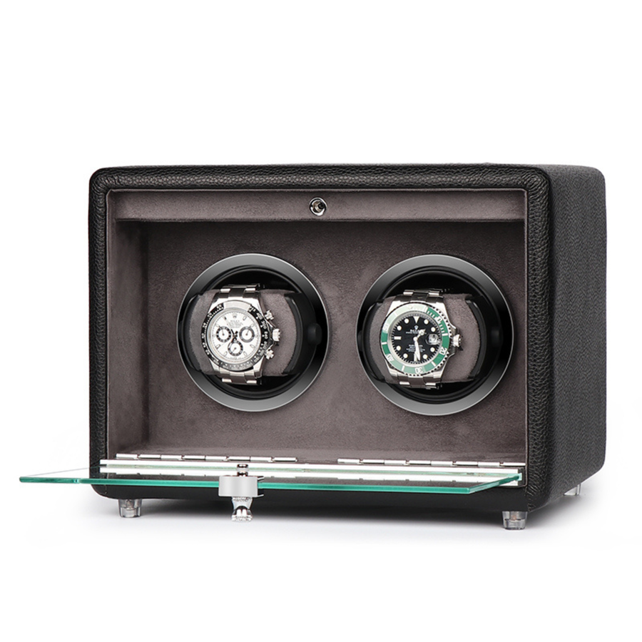 Evandale Watch Winder for 2 Watches in Black Leather