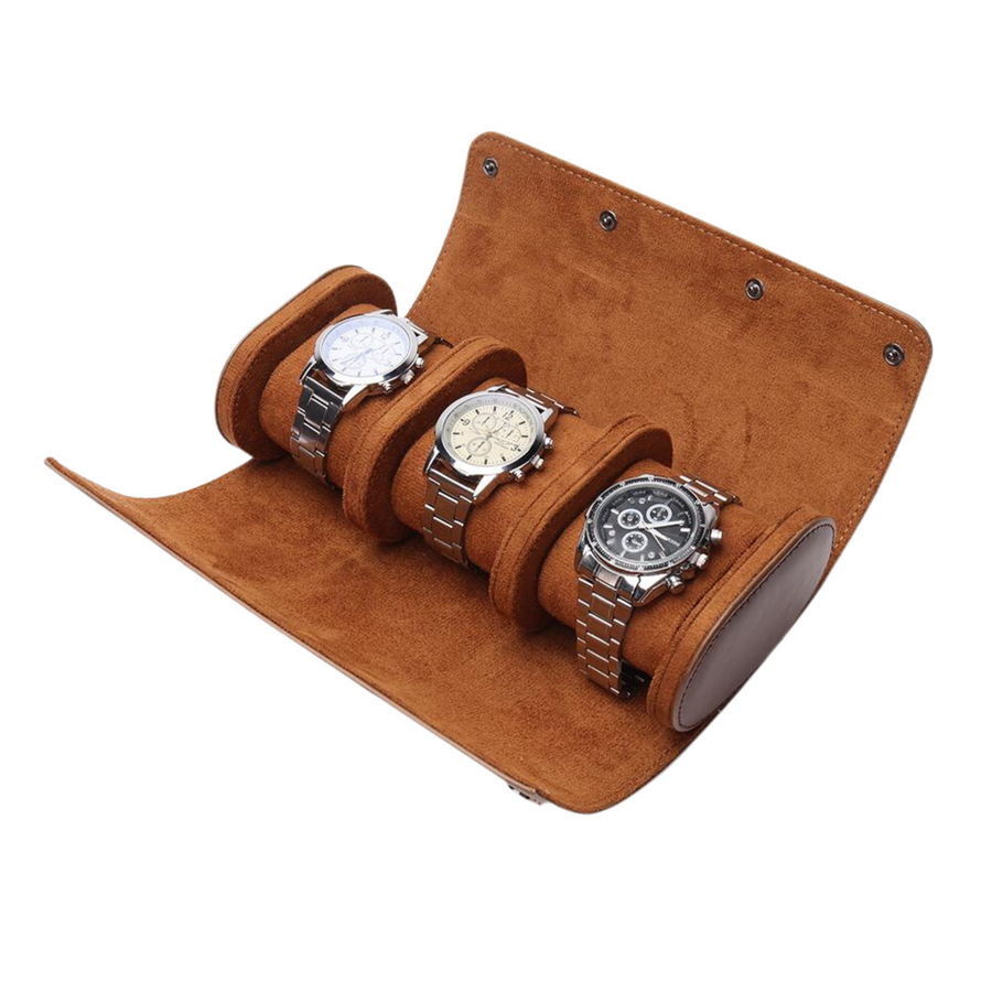 Watch Roll Case for 3 in Brown Vegan Leather