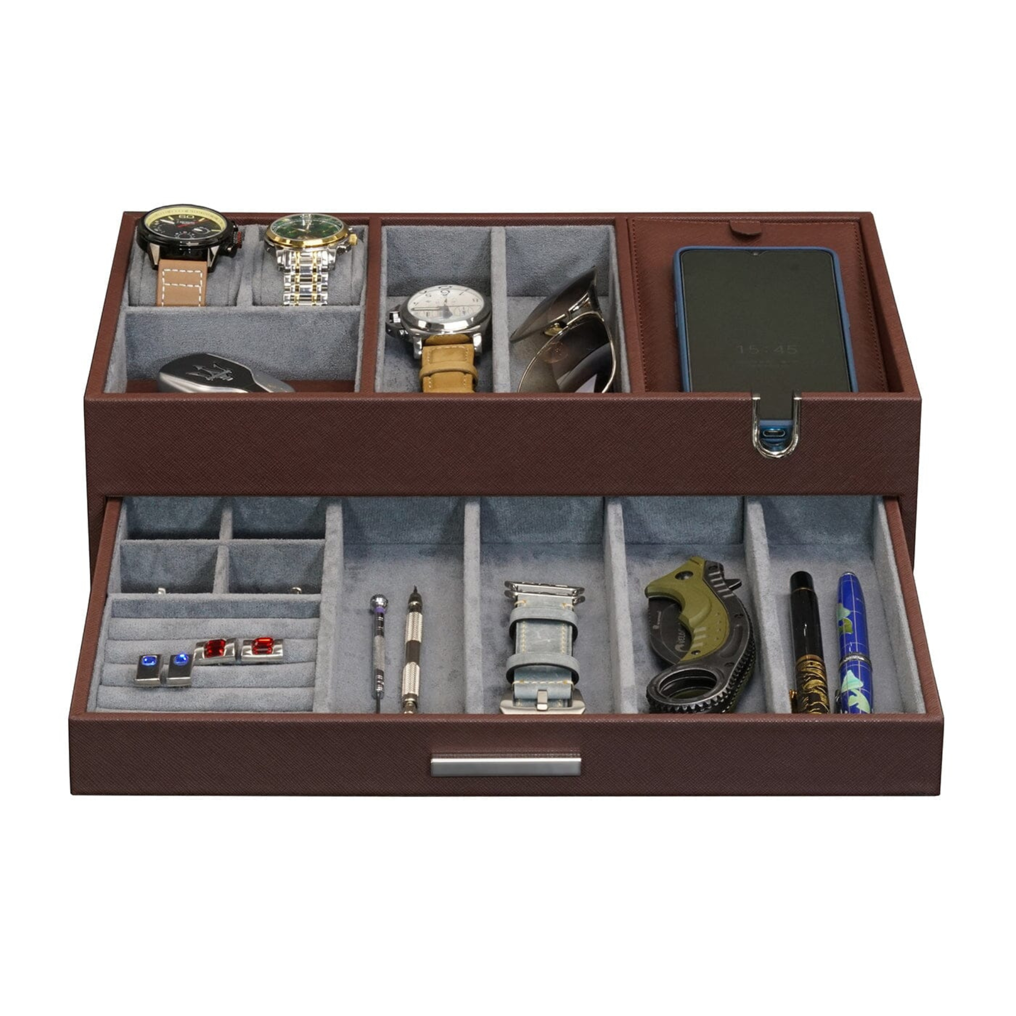 Leather Valet Tray with Drawer in Brown