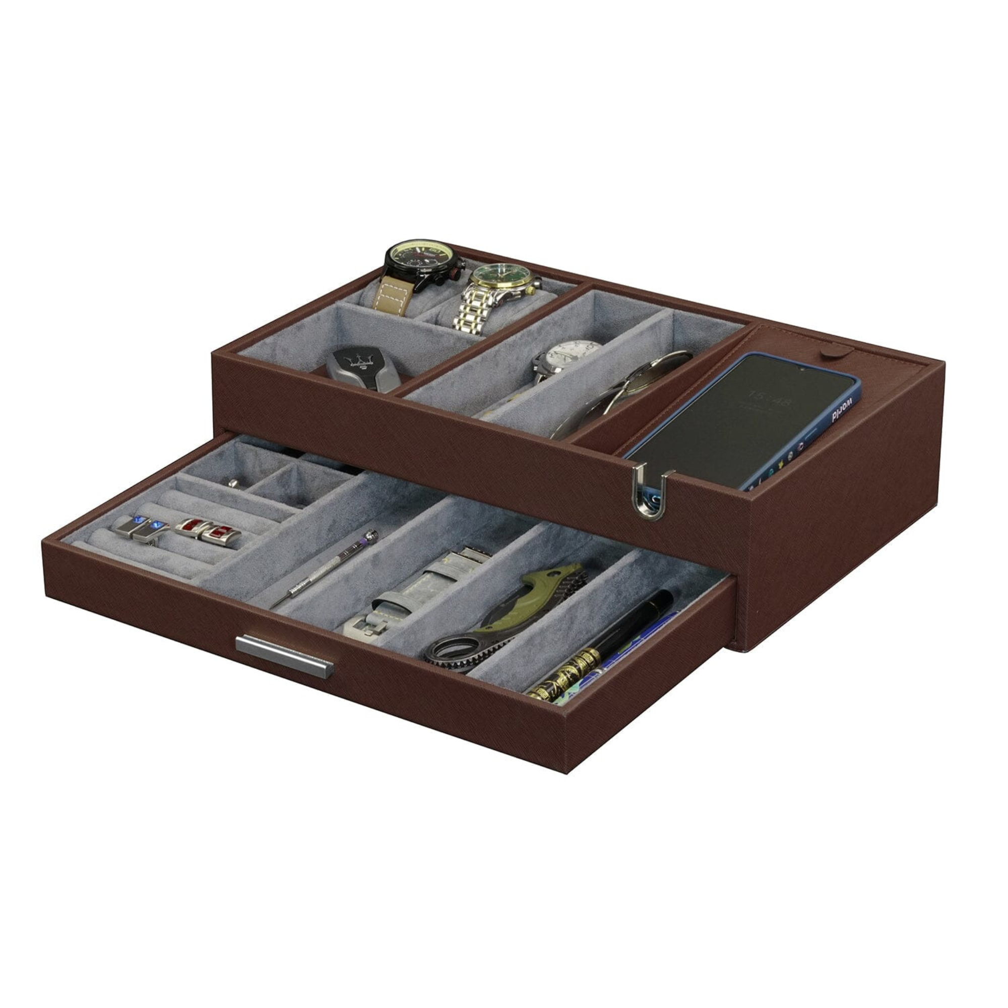 Leather Valet Tray with Drawer in Brown