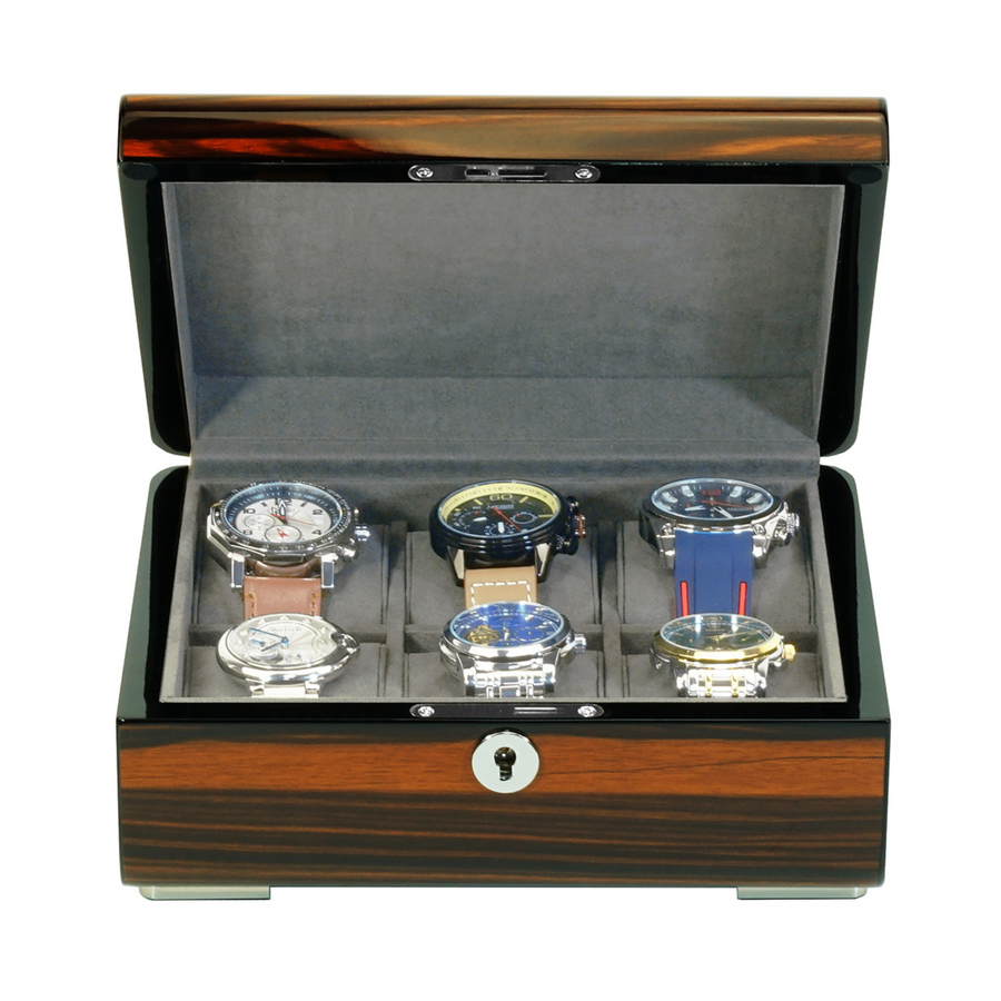 6 Slots Watch Box with Lock in Wooden Ebony