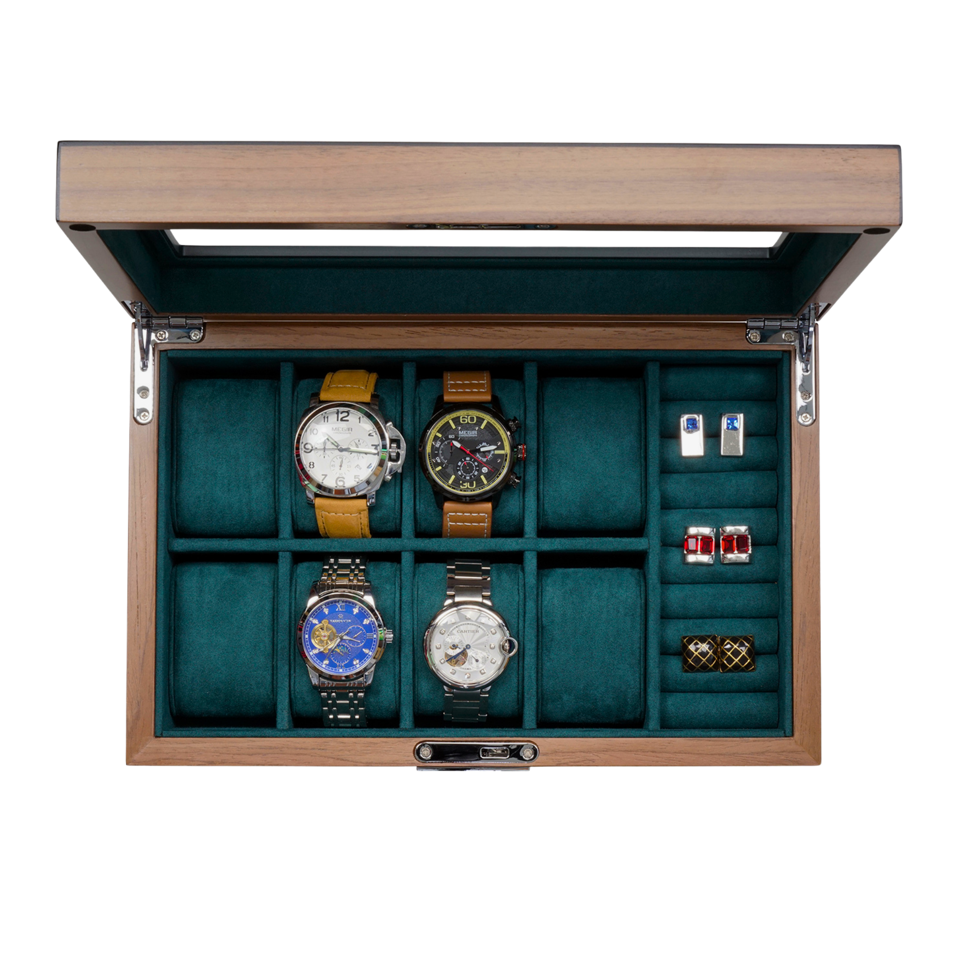 8 Slots Walnut Wooden Watch Box with Cufflinks Storage