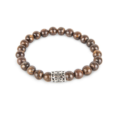 Beaded Bronzite & Silver Fleur De Lis Barrel Bracelet