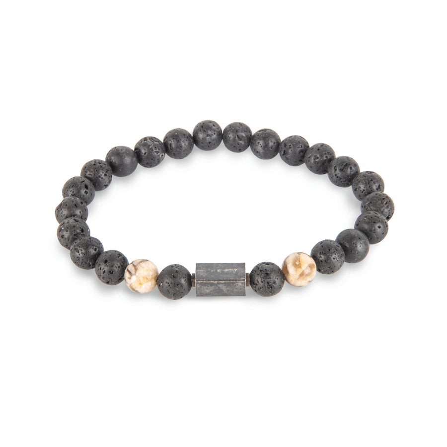 Beaded Black Lavastone & Antiqued Gunmetal Bar Bracelet