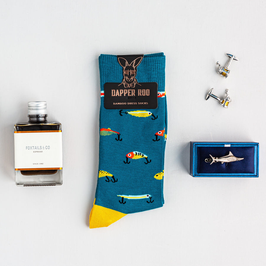 Fishing Cocktail Gift Set, Fishing Gift Set, Socks Gift Set, Gift Sets, Socks, Cufflinks, Tie Bars, Location: SK2030+CL4070+TC4030, GS2002, Clinks Australia