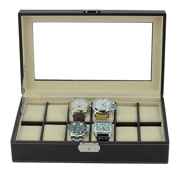 Dark Brown Leather Watch Box for 12 Watches, Watch Boxes, Watch Box, Storage Boxes, Dark Brown, Leather, Watch Box for 12 Watches, CB5079, Clinks Australia