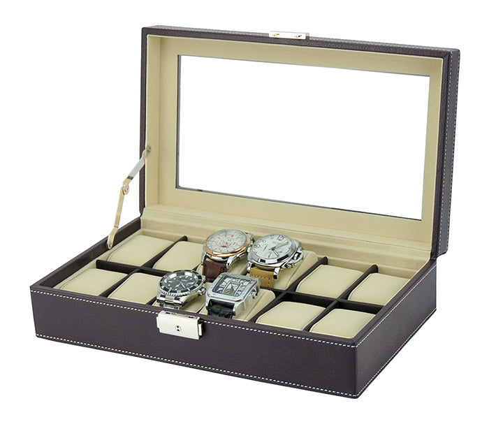 Dark Brown Leather Watch Box for 12 Watches, Watch Boxes, Watch Box, Storage Boxes, Dark Brown, Leather, Watch Box for 12 Watches, CB5079, Clinks Australia