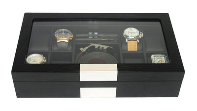 Black Wooden Watch Box, 8 Watch Box, Cuffed Watch Box, Clinks Australia Watch Box, Black Watch Boxes on Cuffed, Australia Watch Box, Watch Storage Box, Watch Display Box, 8 Slots Watch Boxes, Watch Boxes for 8, Wooden Watch Box, Black Wooden Watches + Organizer, CB5009, Clinks Australia