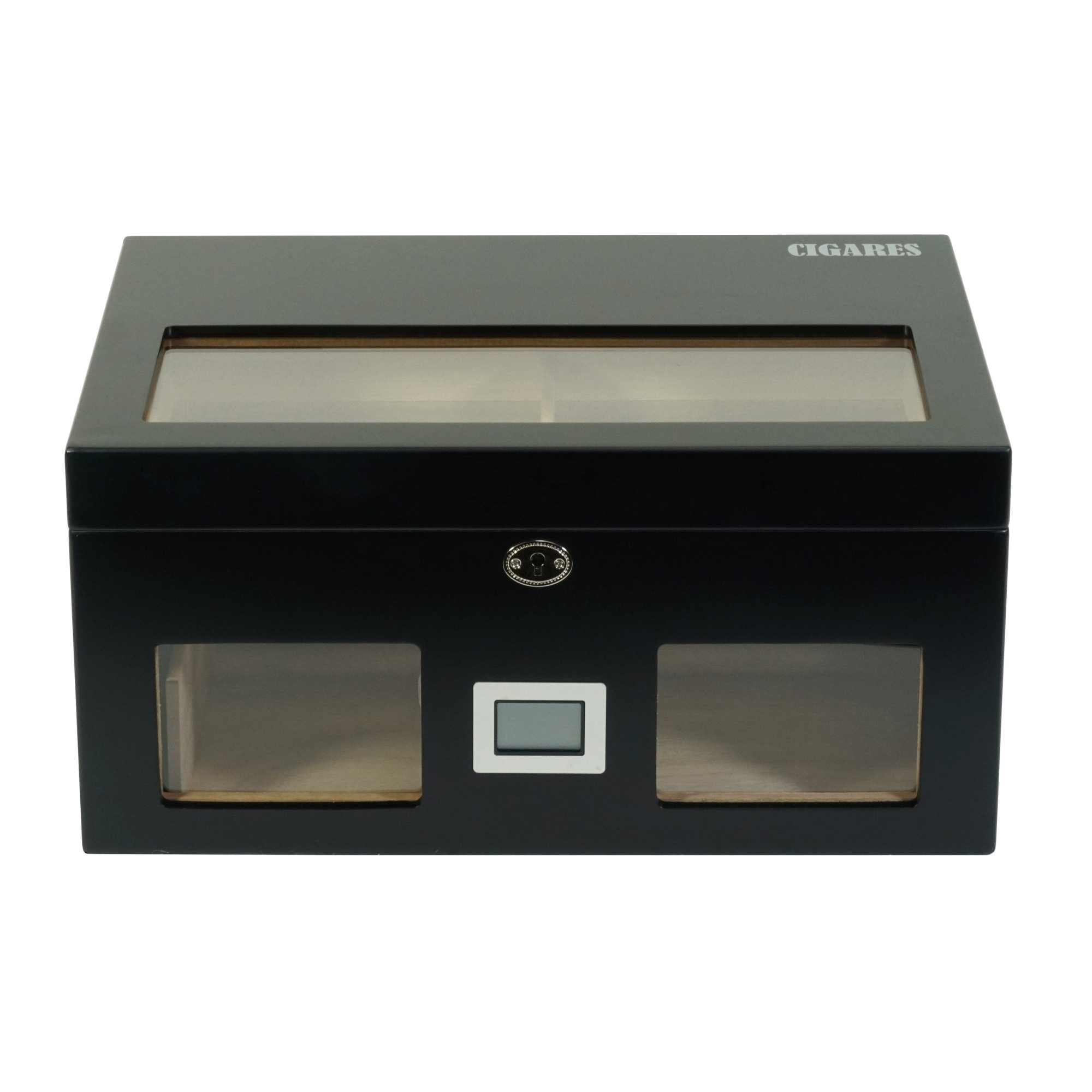 100 CT Black Wooden Cigar Humidor Box with Digital Hygrometer