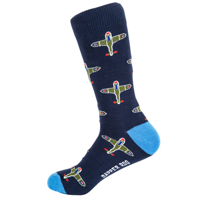 Supermarine Spitfire Plane Bamboo Socks by Dapper Roo, Supermarine Spitfire Plane Socks, Dapper Roo, Socks, Navy, Blue, Multi, Bamboo, Elastane, Nylon, Elastic, SK2023, Men's Socks, Socks for Men, Clinks Australia